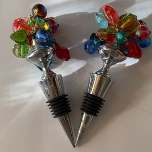 PAIR WINE STOPPERS METAL/RUBBER RINGS/MULTI COLORED GLASS BEADS (heavy)